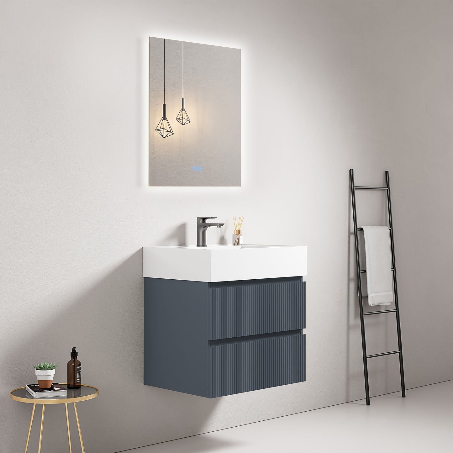 Mobile bagno sospeso cannettato 60 cm Blu Mare Lavabo in Resina Specchio Quadro Retroilluminato - Fiji Paint