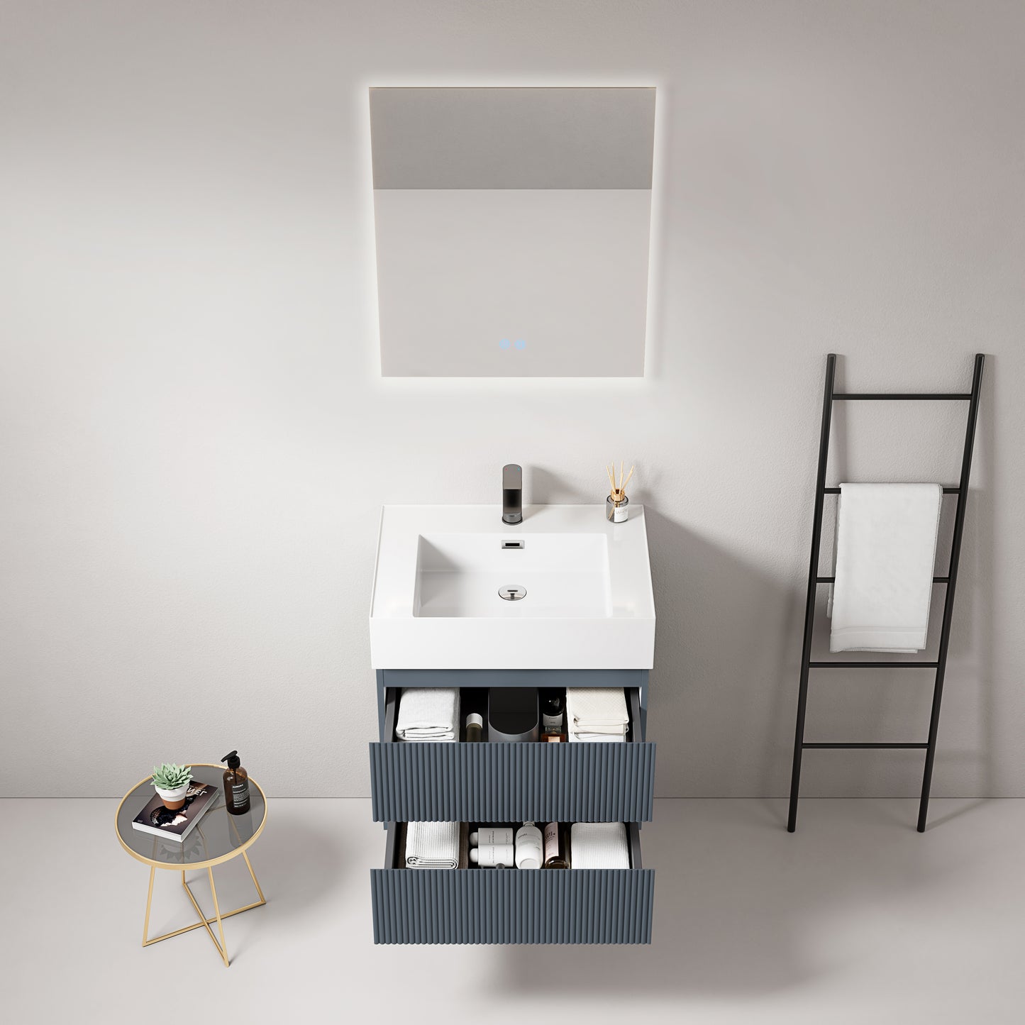 Mobile bagno sospeso cannettato 60 cm Blu Mare Lavabo in Resina Specchio Quadro Retroilluminato - Fiji Paint