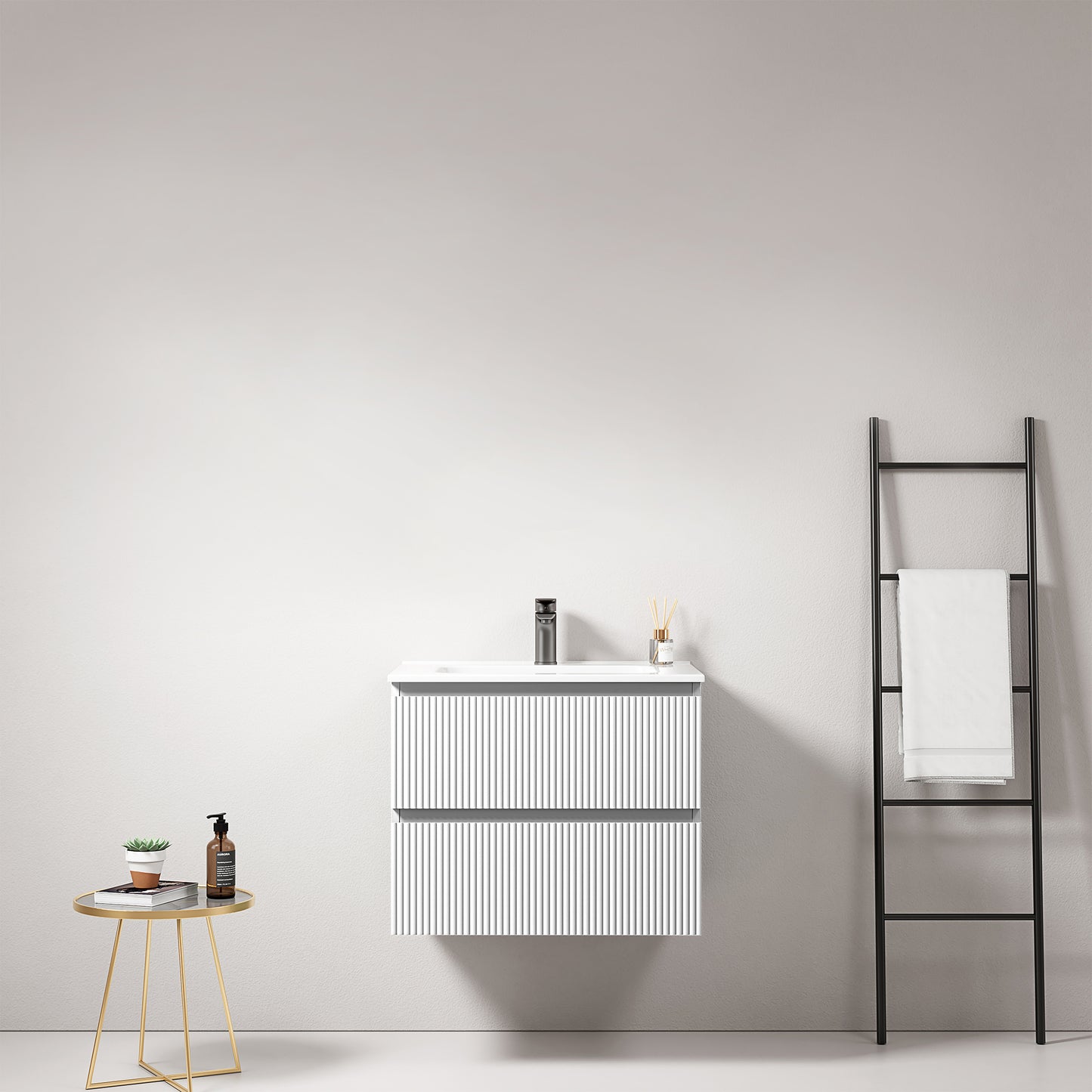 Mobile bagno sospeso cannettato 60 cm Bianco Lavabo in Ceramica Senza Specchio - Fiji Paint