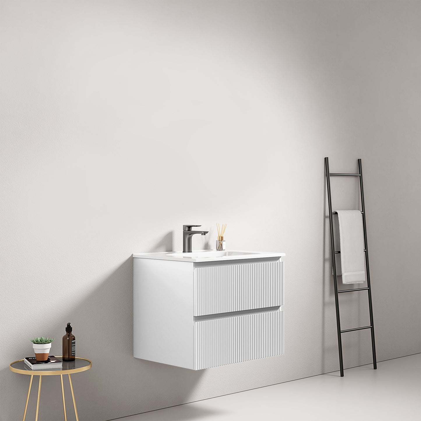 Mobile bagno sospeso cannettato 60 cm Bianco Lavabo in Ceramica Senza Specchio - Fiji Paint