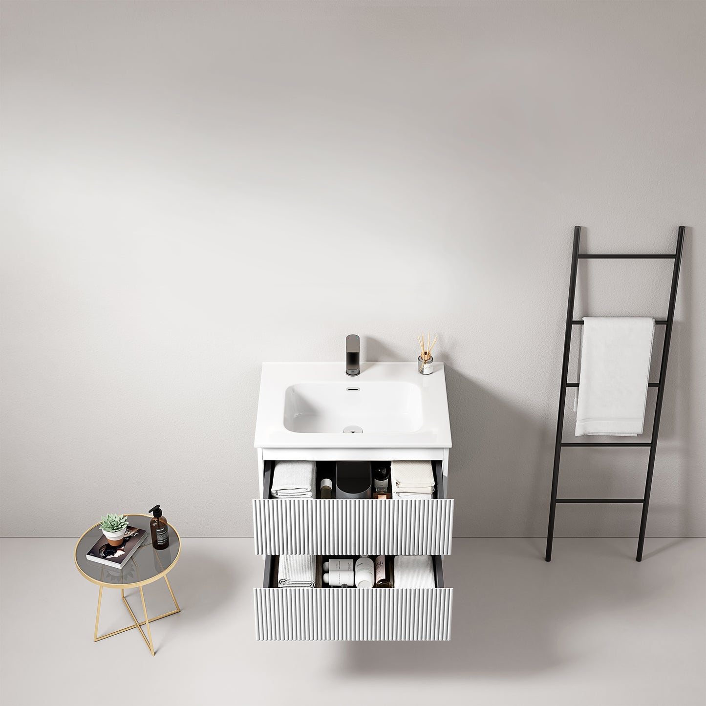Mobile bagno sospeso cannettato 60 cm Bianco Lavabo in Ceramica Senza Specchio - Fiji Paint