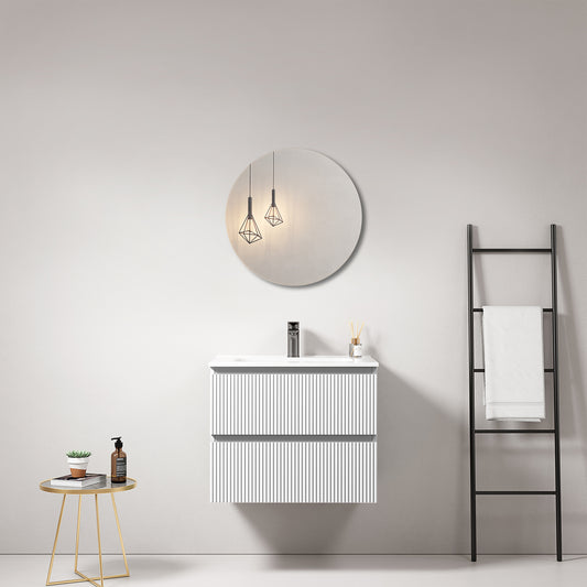 Mobile bagno sospeso cannettato 60 cm Bianco Lavabo in Ceramica Specchio Tondo - Fiji Paint