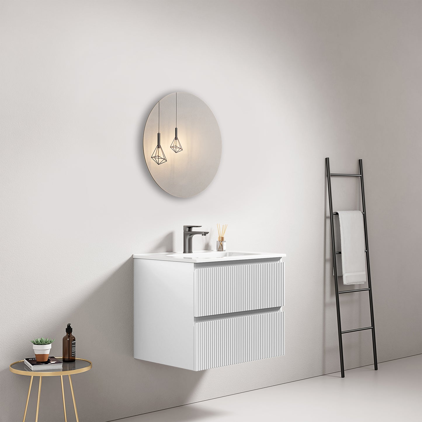 Mobile bagno sospeso cannettato 60 cm Bianco Lavabo in Ceramica Specchio Tondo - Fiji Paint