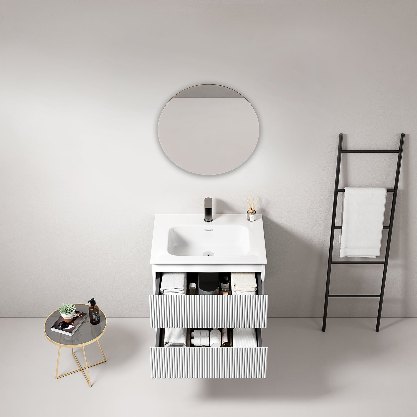 Mobile bagno sospeso cannettato 60 cm Bianco Lavabo in Ceramica Specchio Tondo - Fiji Paint