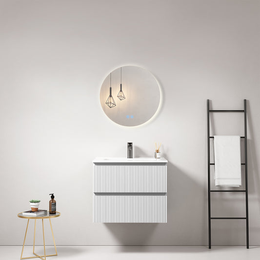 Mobile bagno sospeso cannettato 60 cm Bianco Lavabo in Ceramica Specchio Tondo Retroilluminato - Fiji Paint