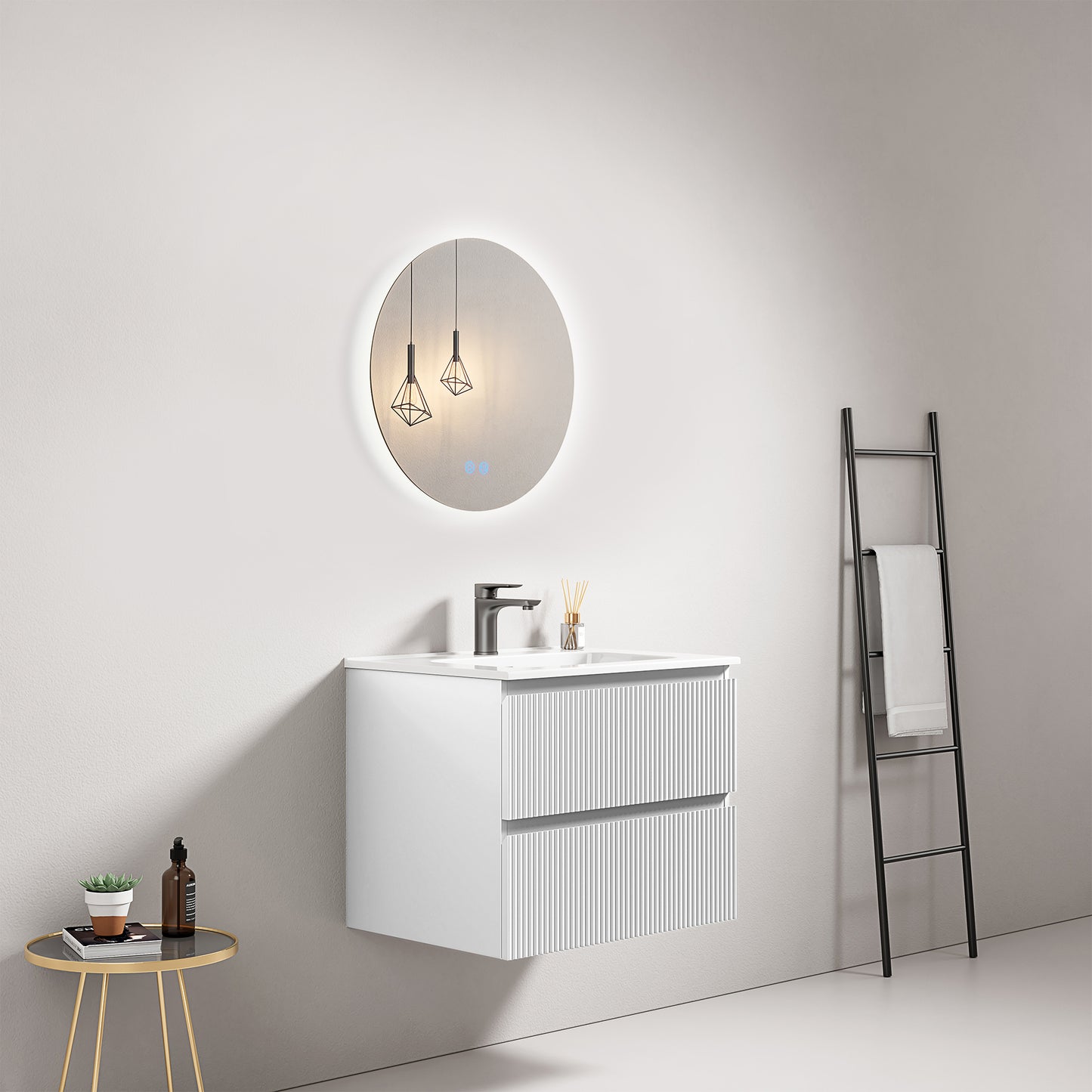 Mobile bagno sospeso cannettato 60 cm Bianco Lavabo in Ceramica Specchio Tondo Retroilluminato - Fiji Paint
