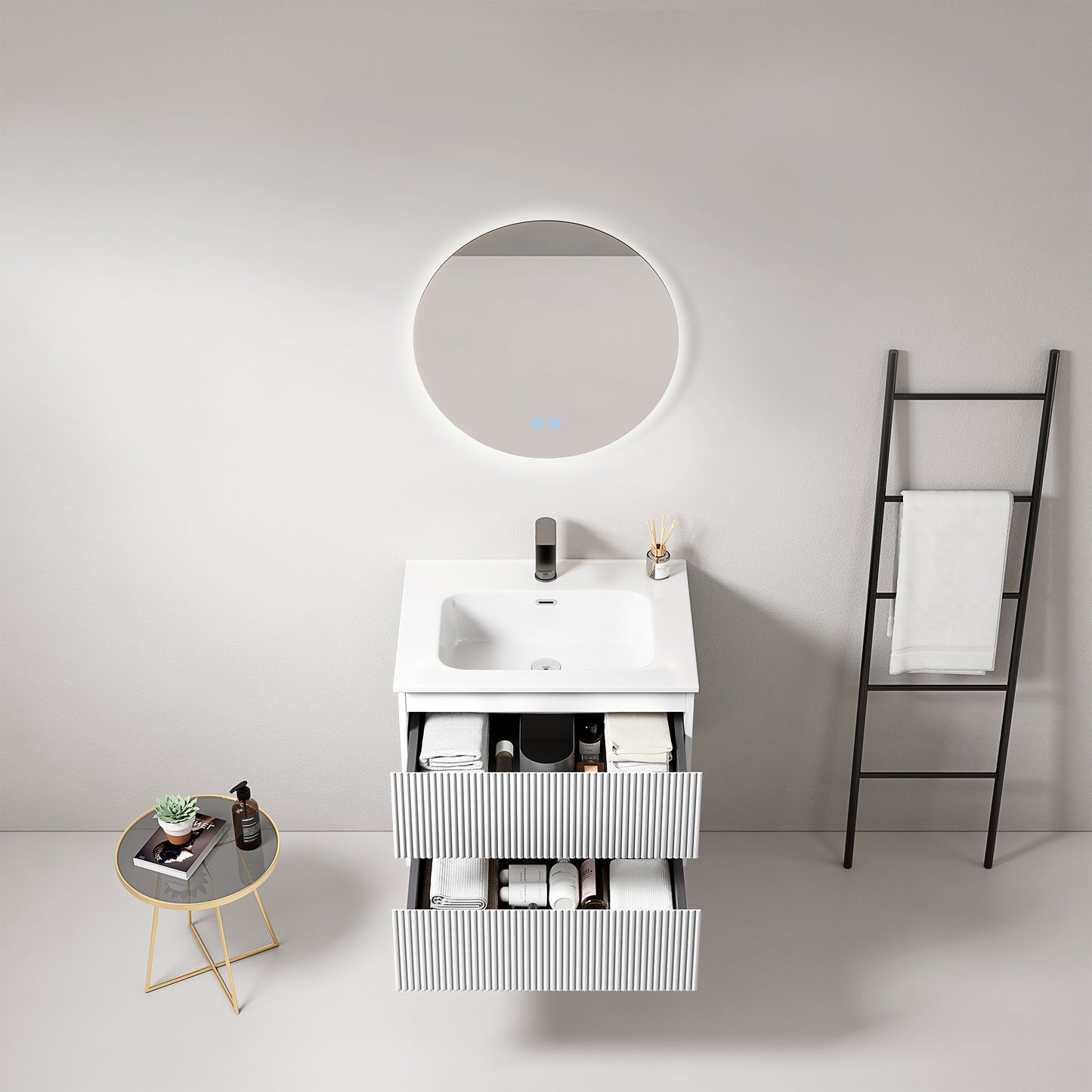 Mobile bagno sospeso cannettato 60 cm Bianco Lavabo in Ceramica Specchio Tondo Retroilluminato - Fiji Paint