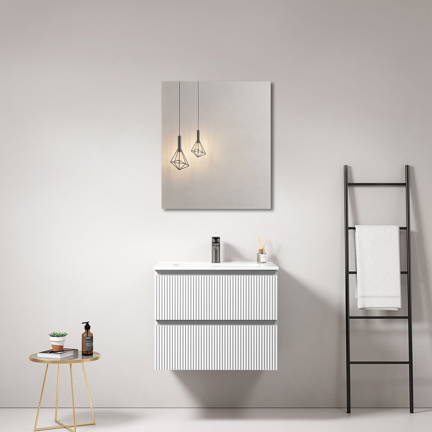 Mobile bagno sospeso cannettato 60 cm Bianco Lavabo in Ceramica Specchio Quadro - Fiji Paint
