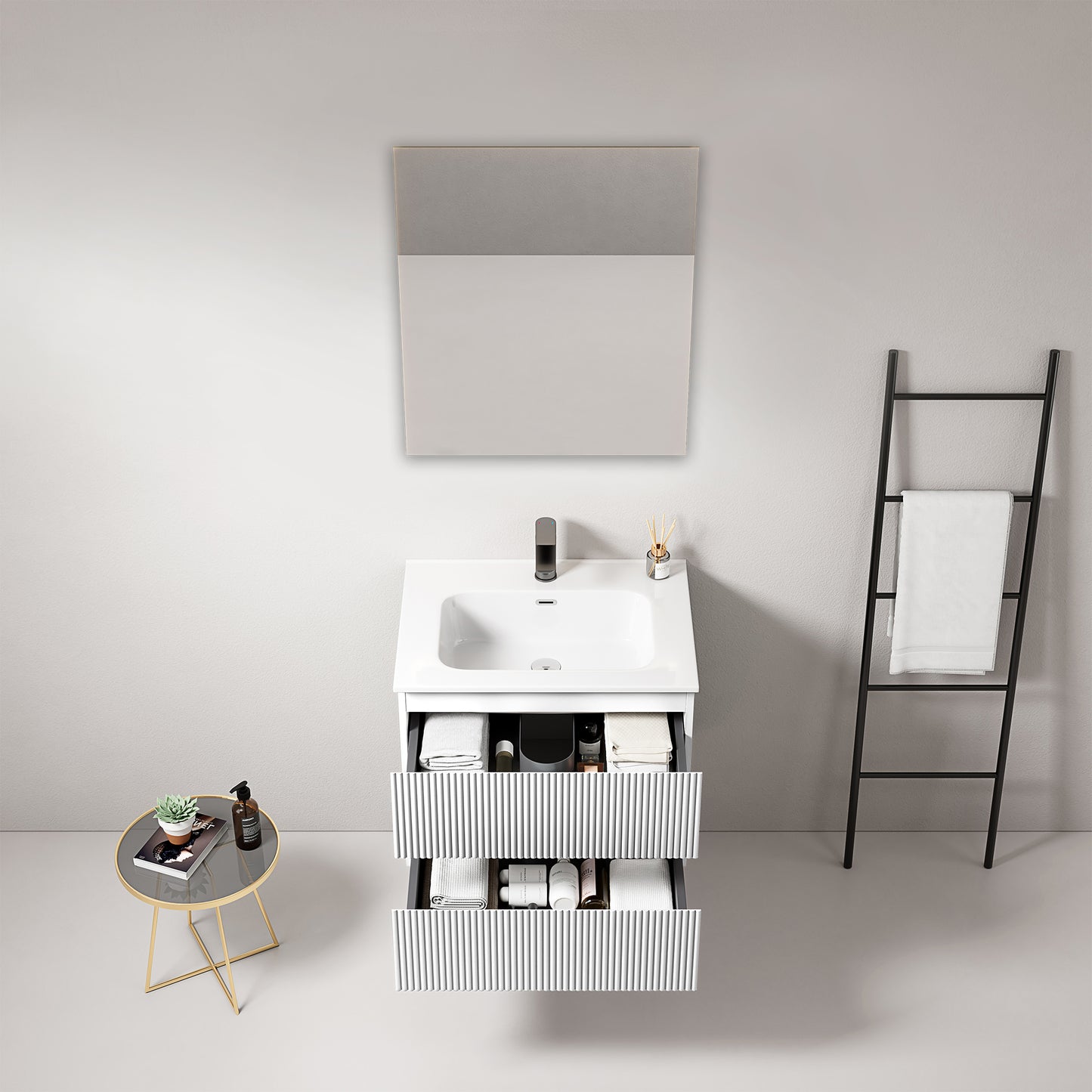 Mobile bagno sospeso cannettato 60 cm Bianco Lavabo in Ceramica Specchio Quadro - Fiji Paint