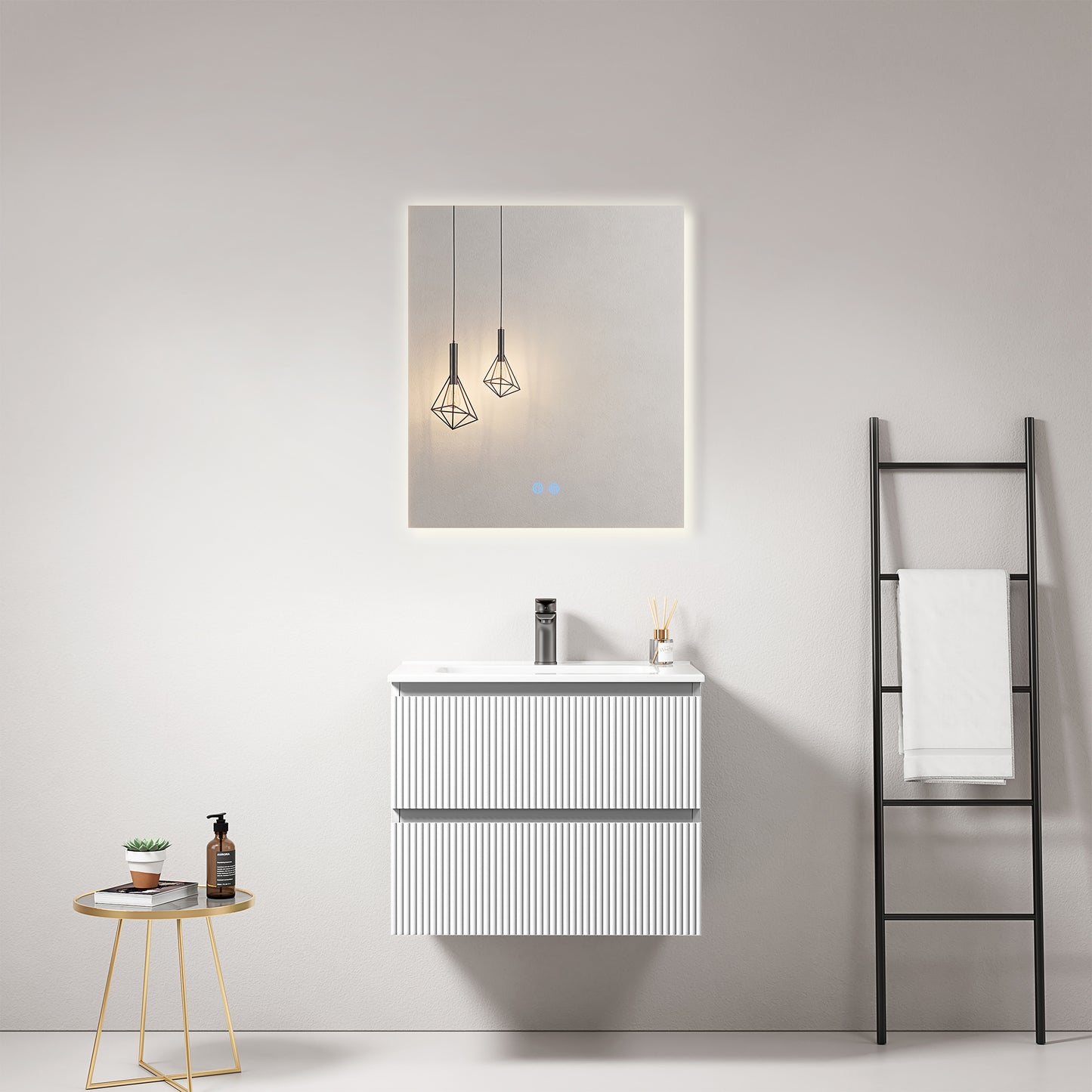 Mobile bagno sospeso cannettato 60 cm Bianco Lavabo in Ceramica Specchio Quadro Retroilluminato - Fiji Paint