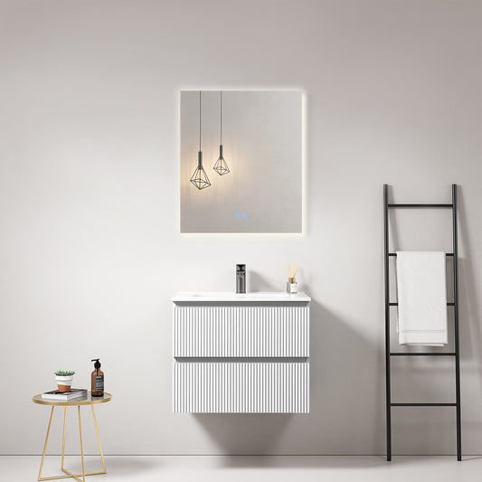 Mobile bagno sospeso cannettato 60 cm Bianco Lavabo in Ceramica Specchio Quadro Retroilluminato - Fiji Paint