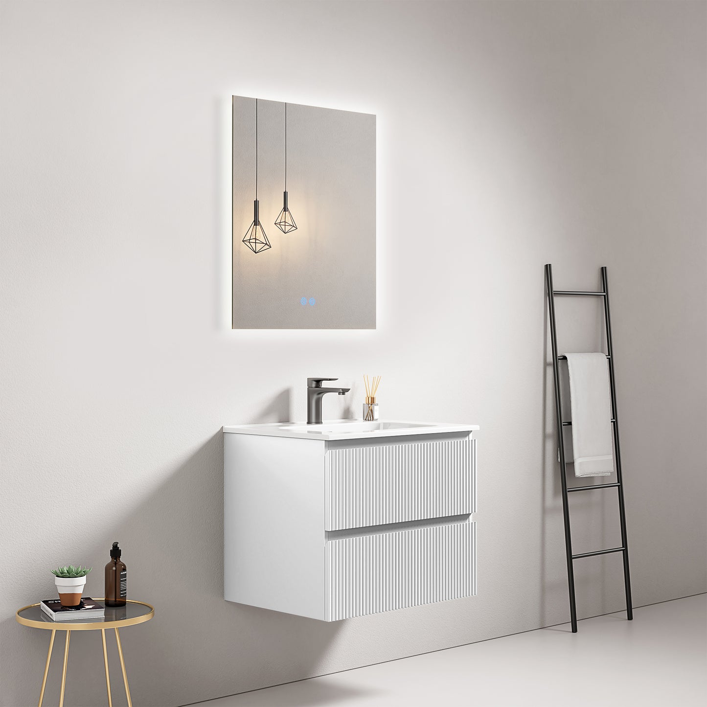 Mobile bagno sospeso cannettato 60 cm Bianco Lavabo in Ceramica Specchio Quadro Retroilluminato - Fiji Paint