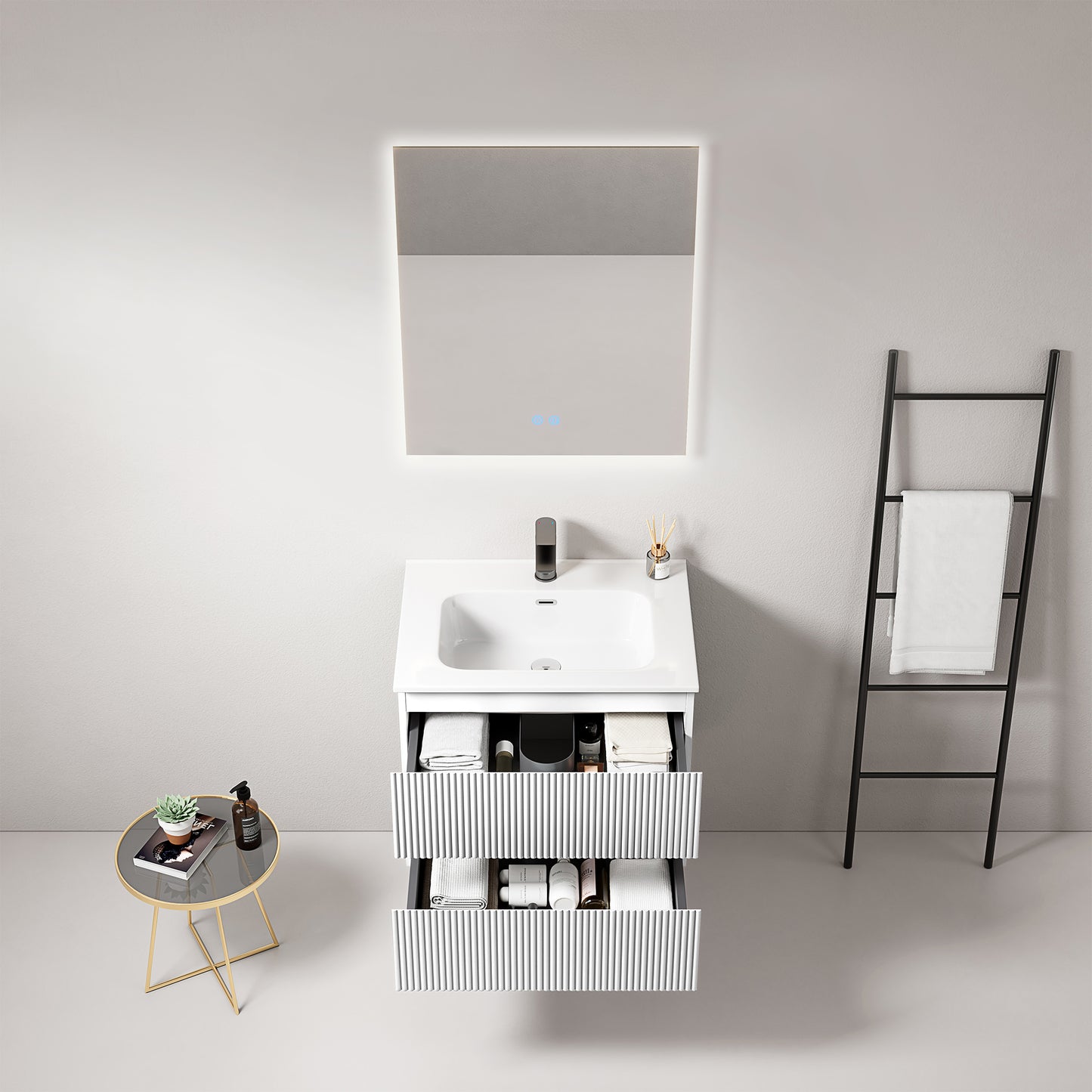 Mobile bagno sospeso cannettato 60 cm Bianco Lavabo in Ceramica Specchio Quadro Retroilluminato - Fiji Paint