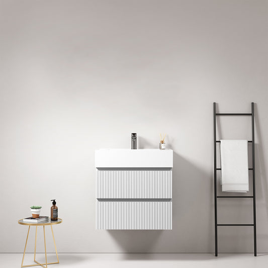 Mobile bagno sospeso cannettato 60 cm Bianco Lavabo in Resina Senza Specchio - Fiji Paint