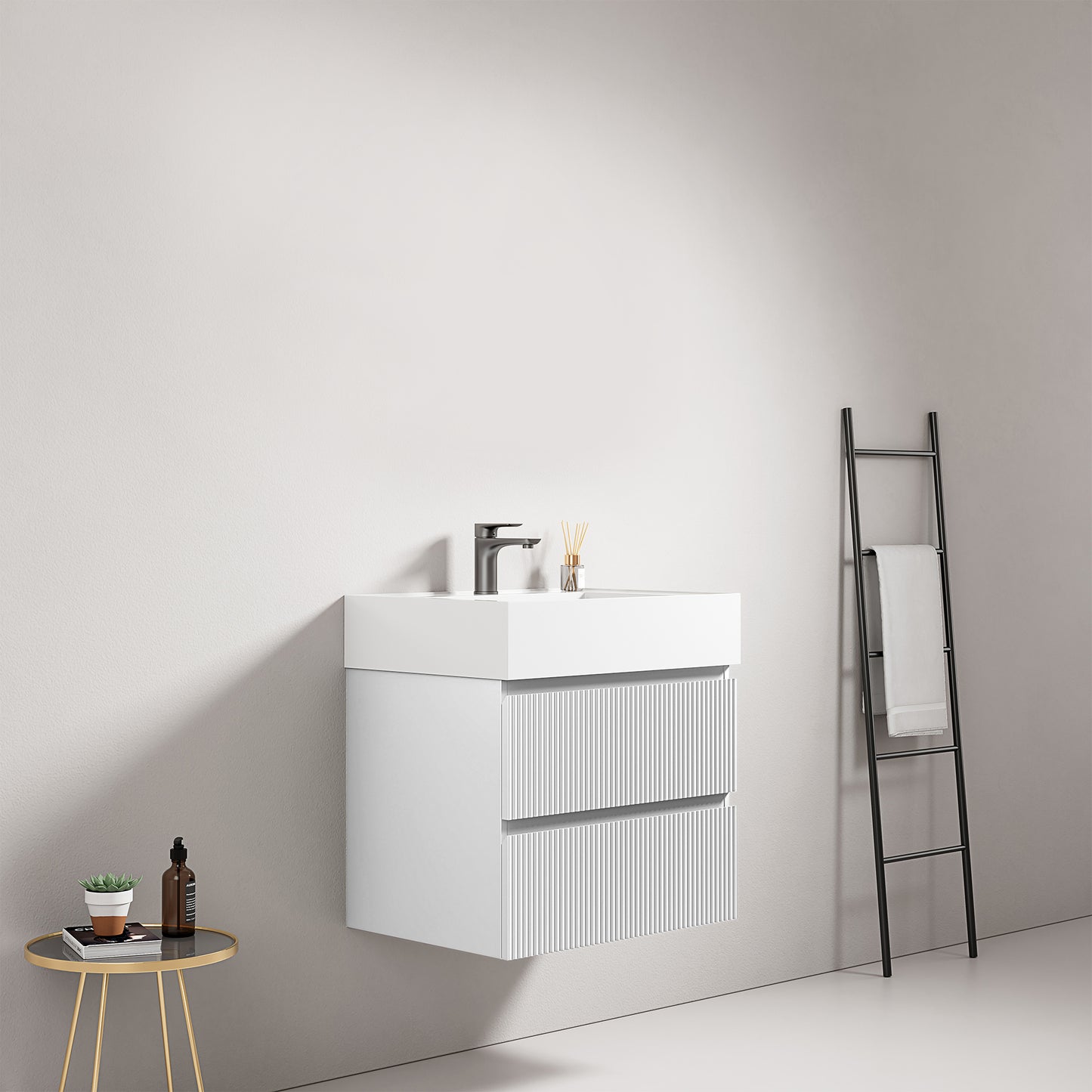 Mobile bagno sospeso cannettato 60 cm Bianco Lavabo in Resina Senza Specchio - Fiji Paint