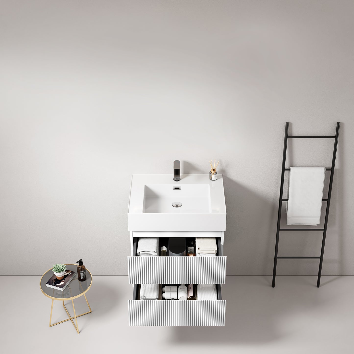 Mobile bagno sospeso cannettato 60 cm Bianco Lavabo in Resina Senza Specchio - Fiji Paint