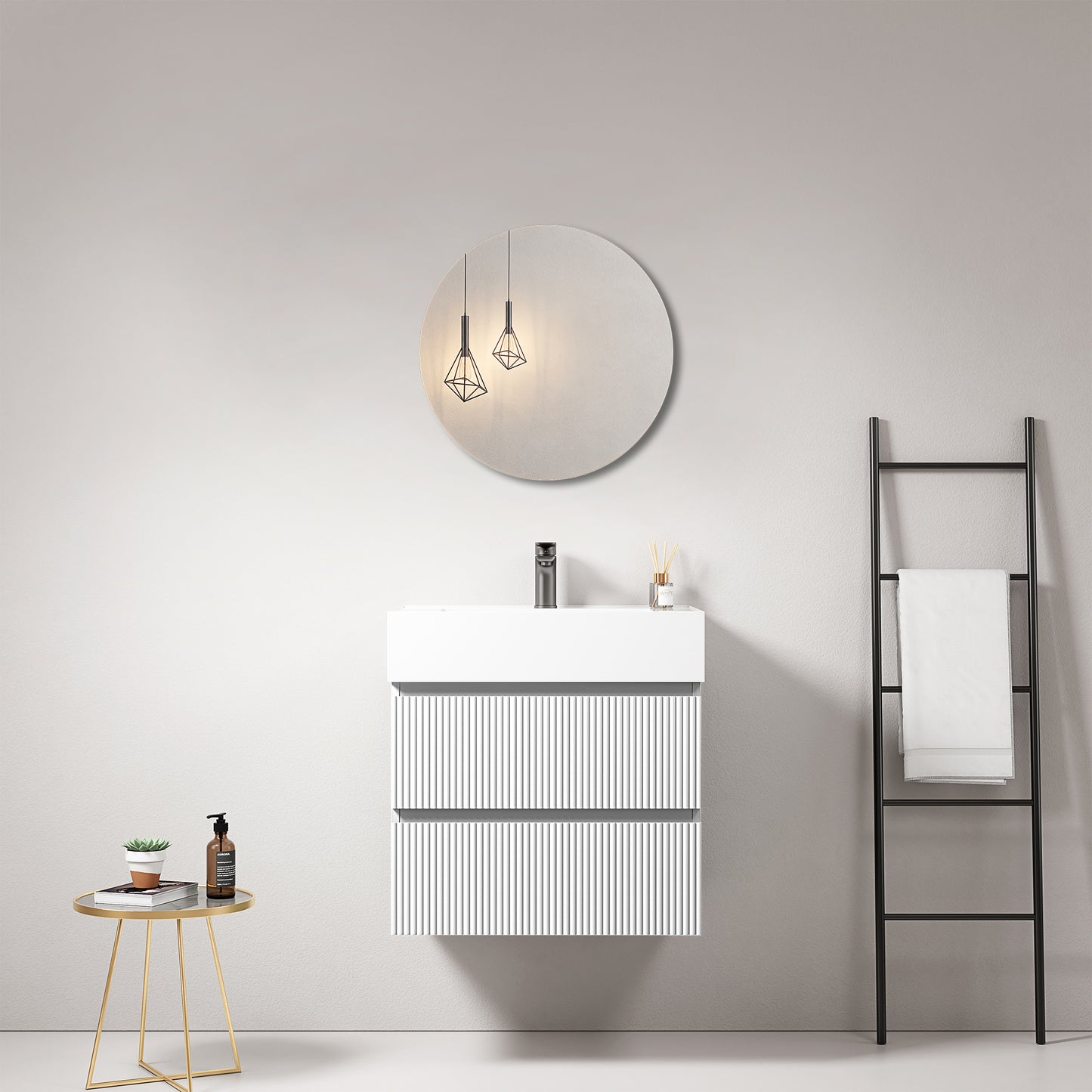 Mobile bagno sospeso cannettato 60 cm Bianco Lavabo in Resina Specchio Tondo - Fiji Paint