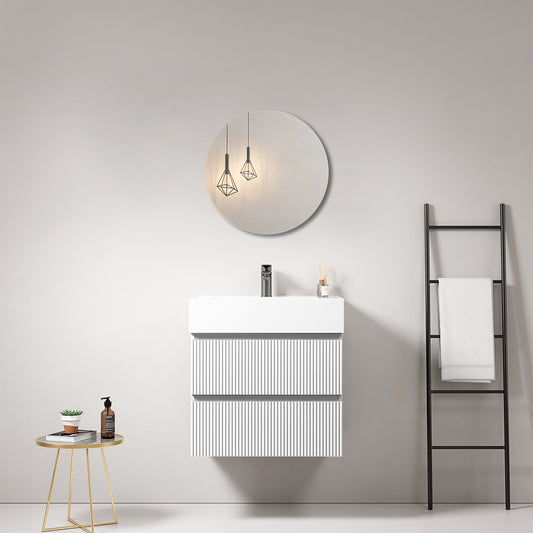 Mobile bagno sospeso cannettato 60 cm Bianco Lavabo in Resina Specchio Tondo - Fiji Paint