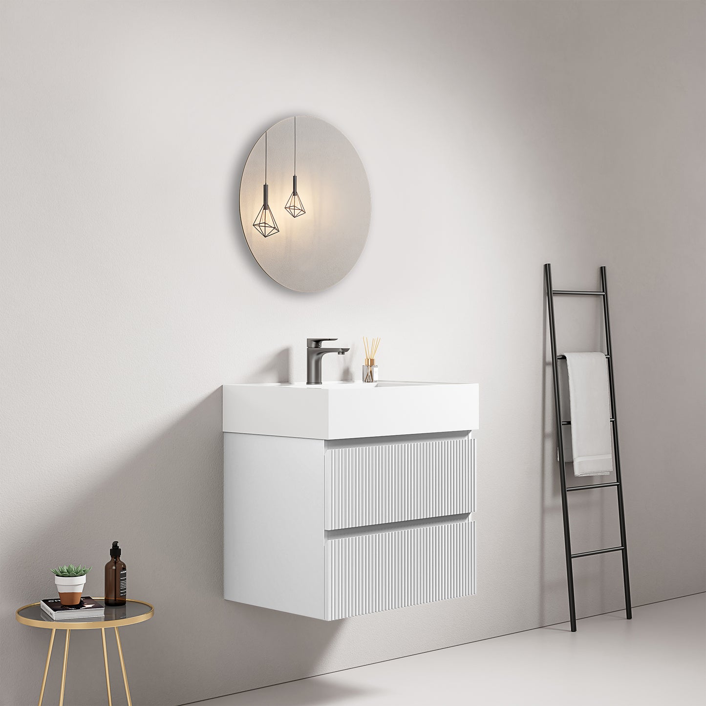 Mobile bagno sospeso cannettato 60 cm Bianco Lavabo in Resina Specchio Tondo - Fiji Paint