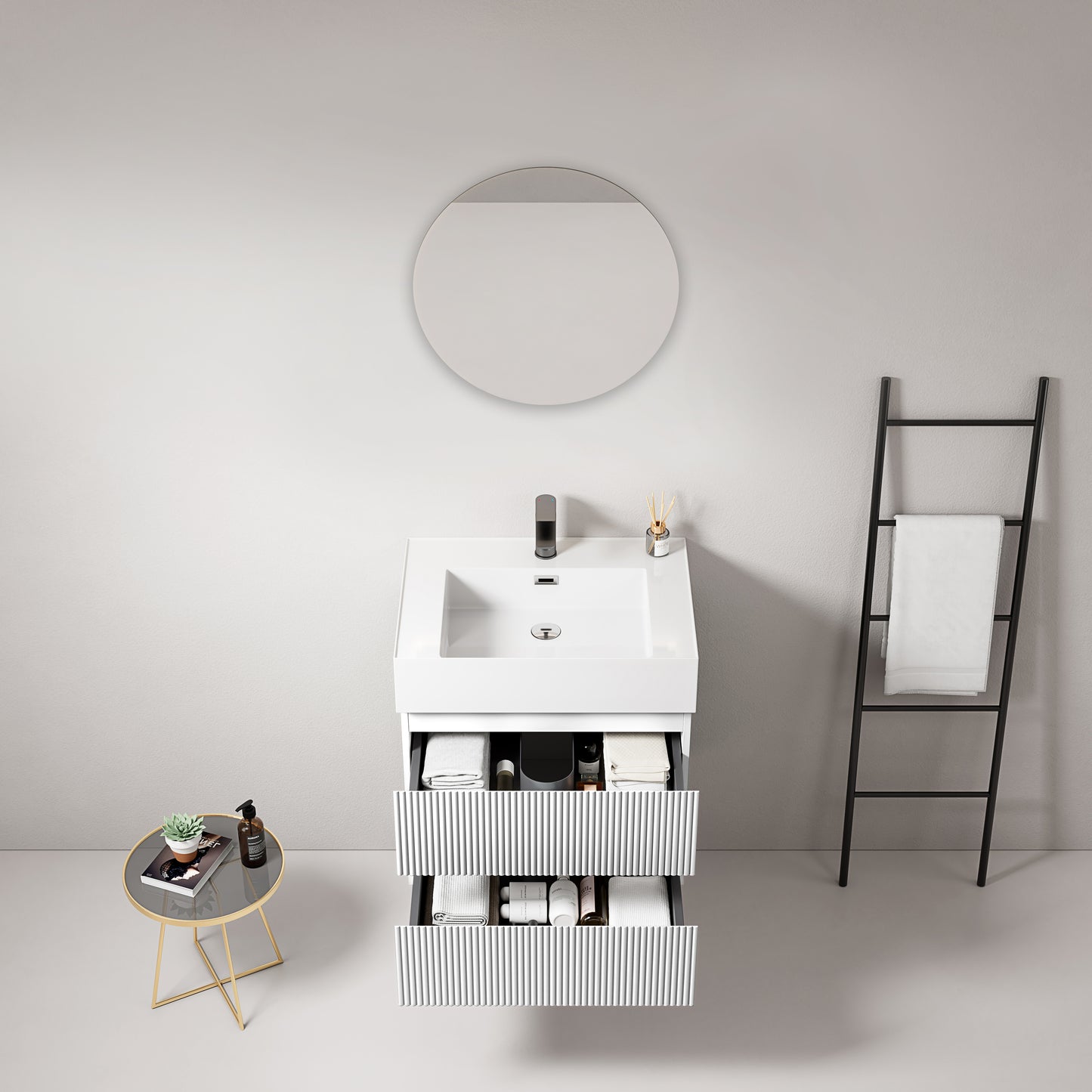 Mobile bagno sospeso cannettato 60 cm Bianco Lavabo in Resina Specchio Tondo - Fiji Paint