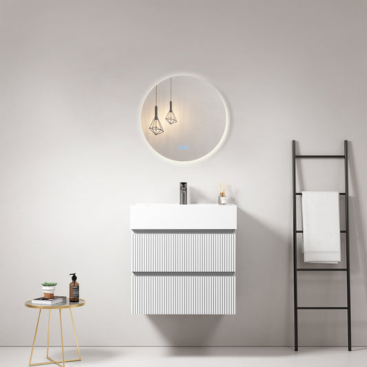 Mobile bagno sospeso cannettato 60 cm Bianco Lavabo in Resina Specchio Tondo Retroilluminato - Fiji Paint