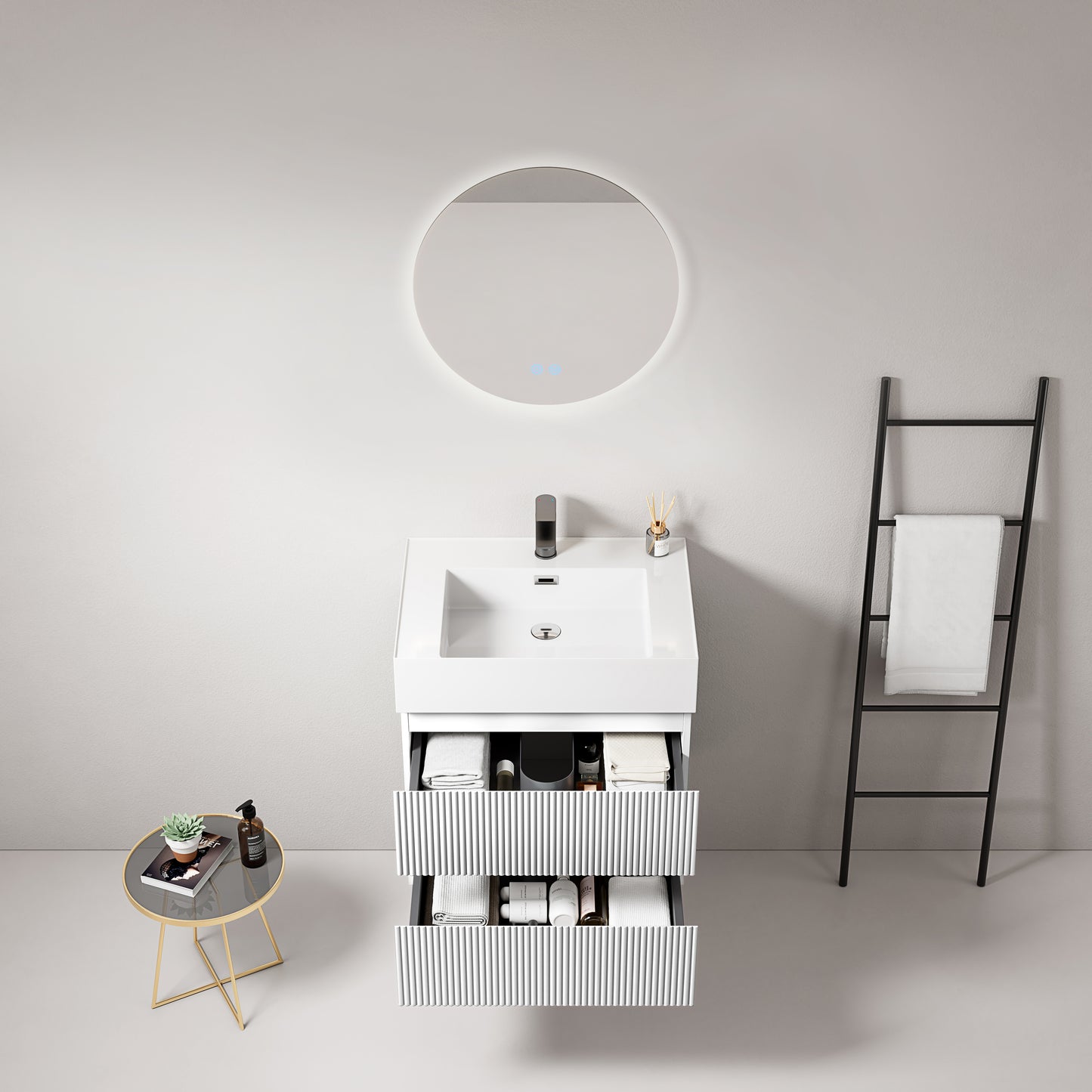 Mobile bagno sospeso cannettato 60 cm Bianco Lavabo in Resina Specchio Tondo Retroilluminato - Fiji Paint