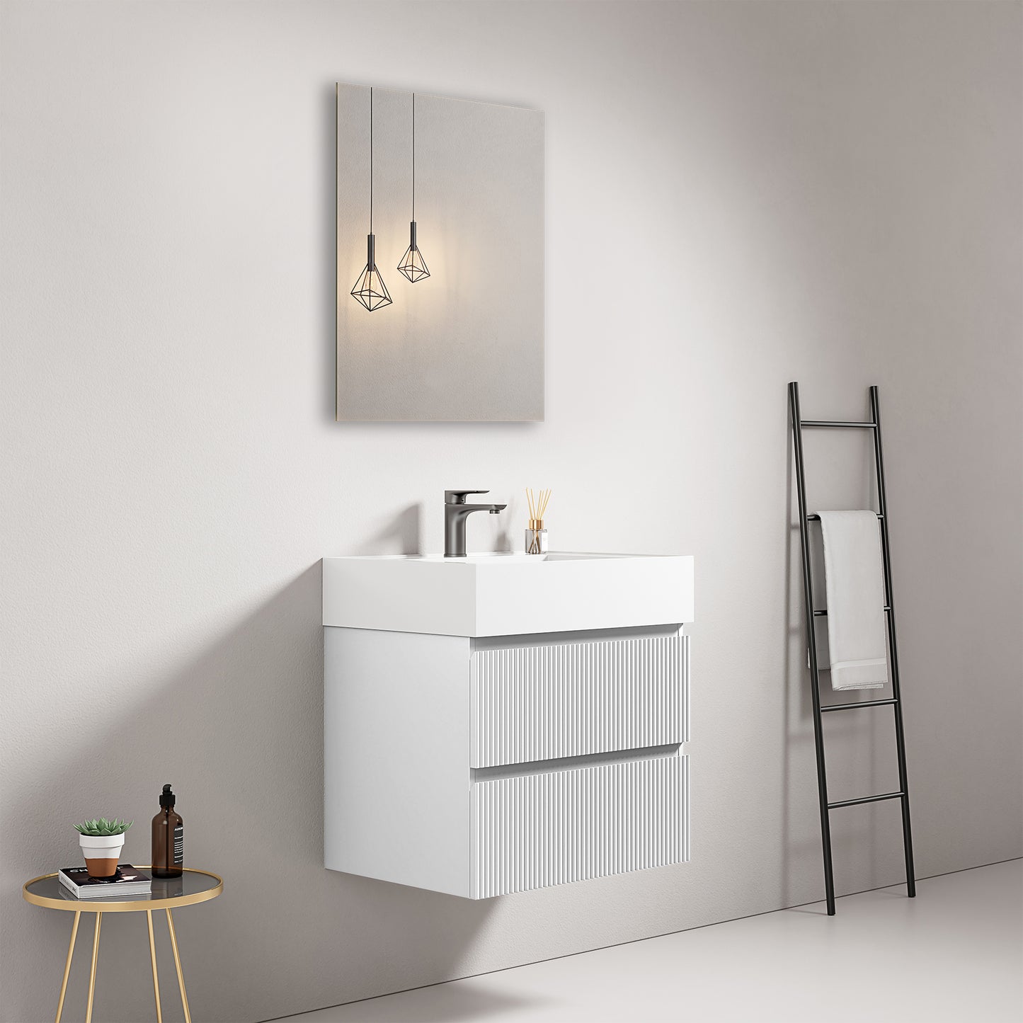 Mobile bagno sospeso cannettato 60 cm Bianco Lavabo in Resina Specchio Quadro - Fiji Paint
