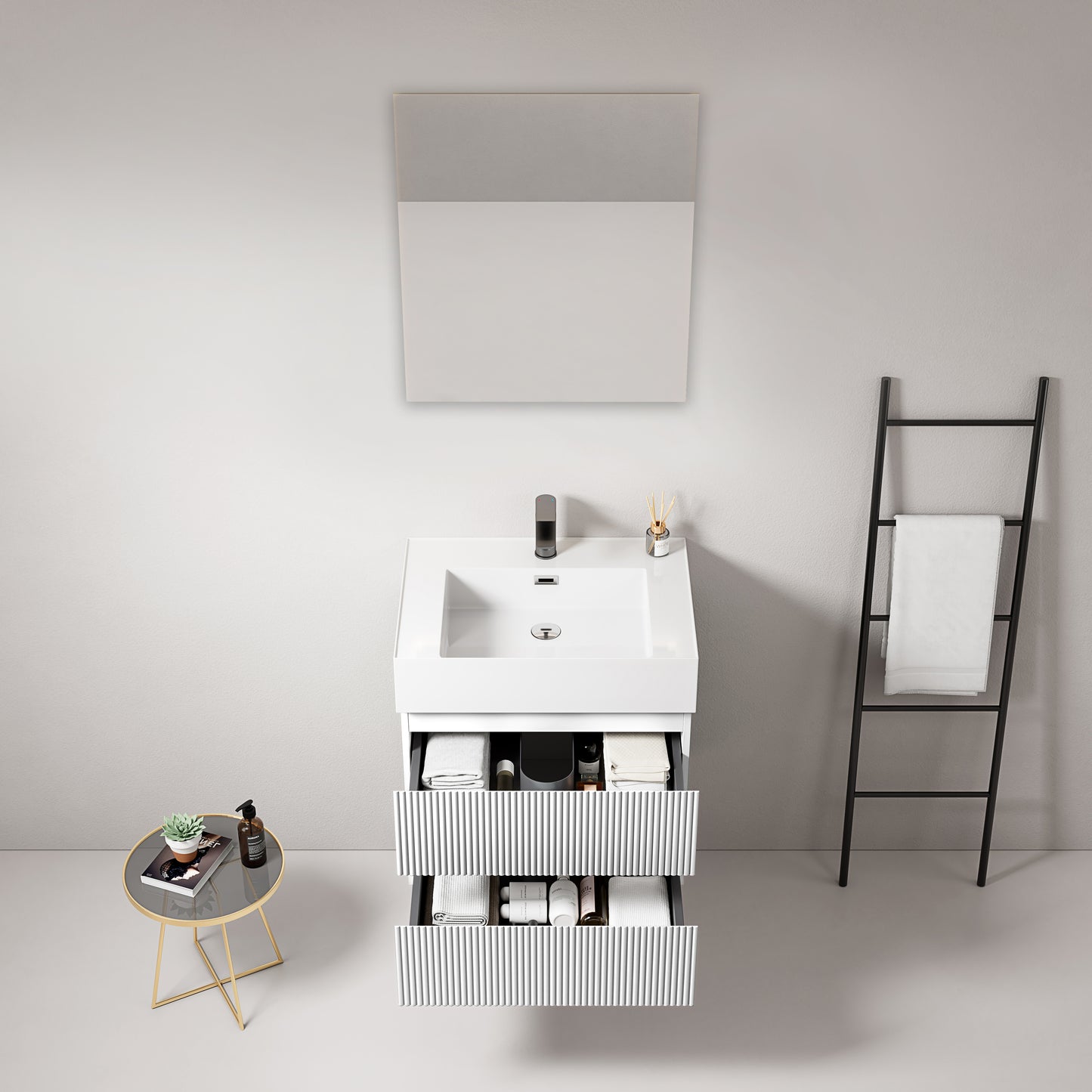 Mobile bagno sospeso cannettato 60 cm Bianco Lavabo in Resina Specchio Quadro - Fiji Paint