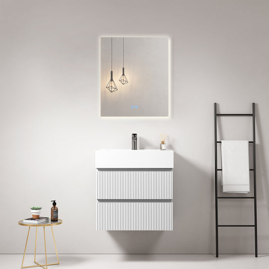 Mobile bagno sospeso cannettato 60 cm Bianco Lavabo in Resina Specchio Quadro Retroilluminato - Fiji Paint