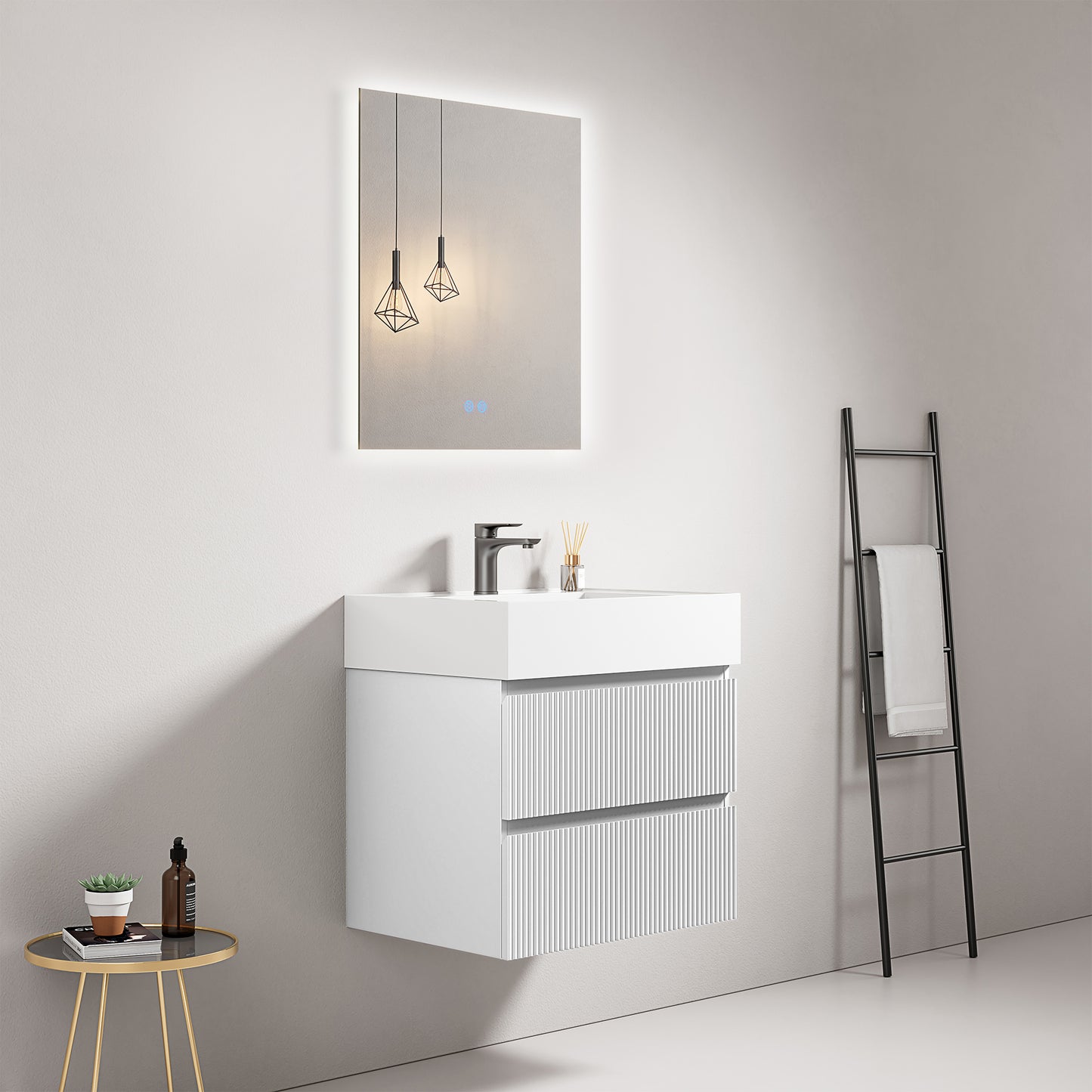 Mobile bagno sospeso cannettato 60 cm Bianco Lavabo in Resina Specchio Quadro Retroilluminato - Fiji Paint