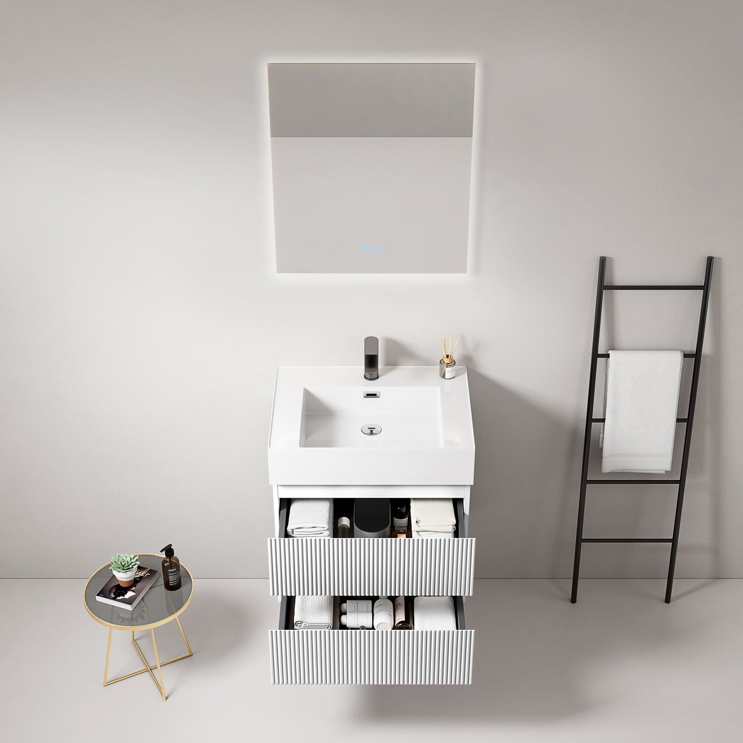 Mobile bagno sospeso cannettato 60 cm Bianco Lavabo in Resina Specchio Quadro Retroilluminato - Fiji Paint
