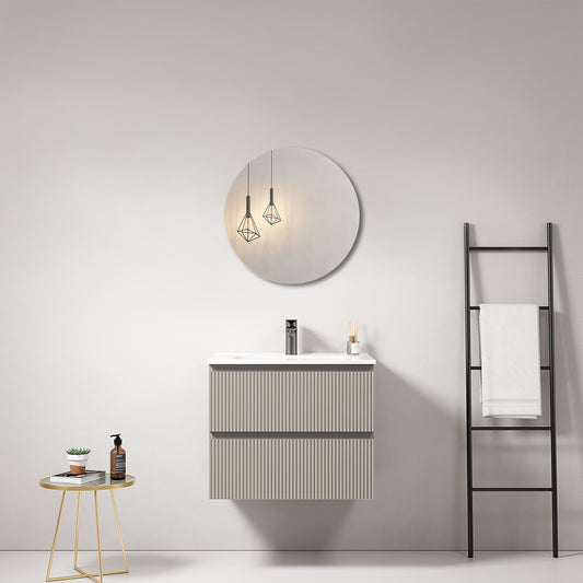 Mobile bagno sospeso cannettato 60 cm Grigio Cenere Lavabo in Ceramica Specchio Tondo - Fiji Paint