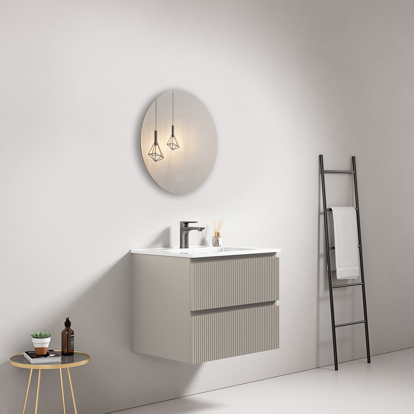 Mobile bagno sospeso cannettato 60 cm Grigio Cenere Lavabo in Ceramica Specchio Tondo - Fiji Paint