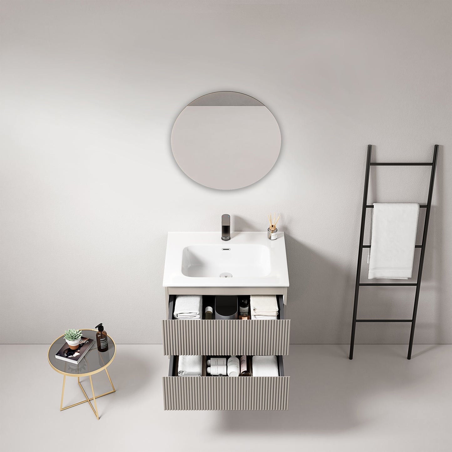 Mobile bagno sospeso cannettato 60 cm Grigio Cenere Lavabo in Ceramica Specchio Tondo - Fiji Paint