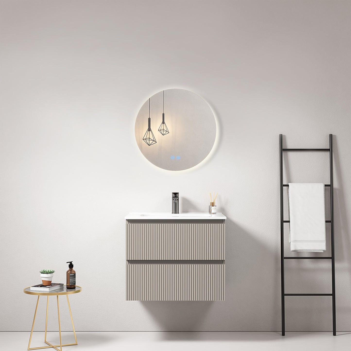 Mobile bagno sospeso cannettato 60 cm Grigio Cenere Lavabo in Ceramica Specchio Tondo Retroilluminato - Fiji Paint