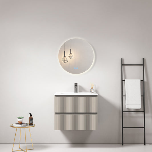 Mobile bagno sospeso cannettato 60 cm Grigio Cenere Lavabo in Ceramica Specchio Tondo Retroilluminato - Fiji Paint