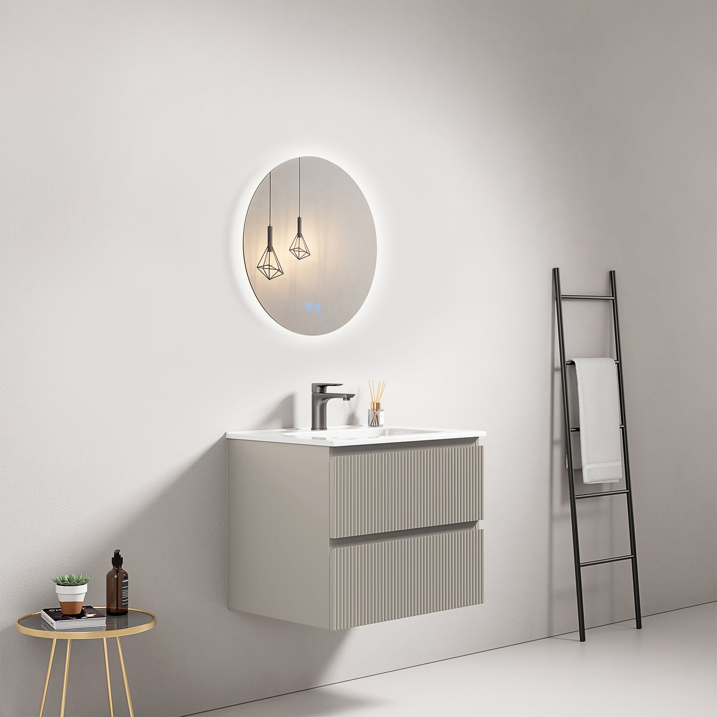 Mobile bagno sospeso cannettato 60 cm Grigio Cenere Lavabo in Ceramica Specchio Tondo Retroilluminato - Fiji Paint