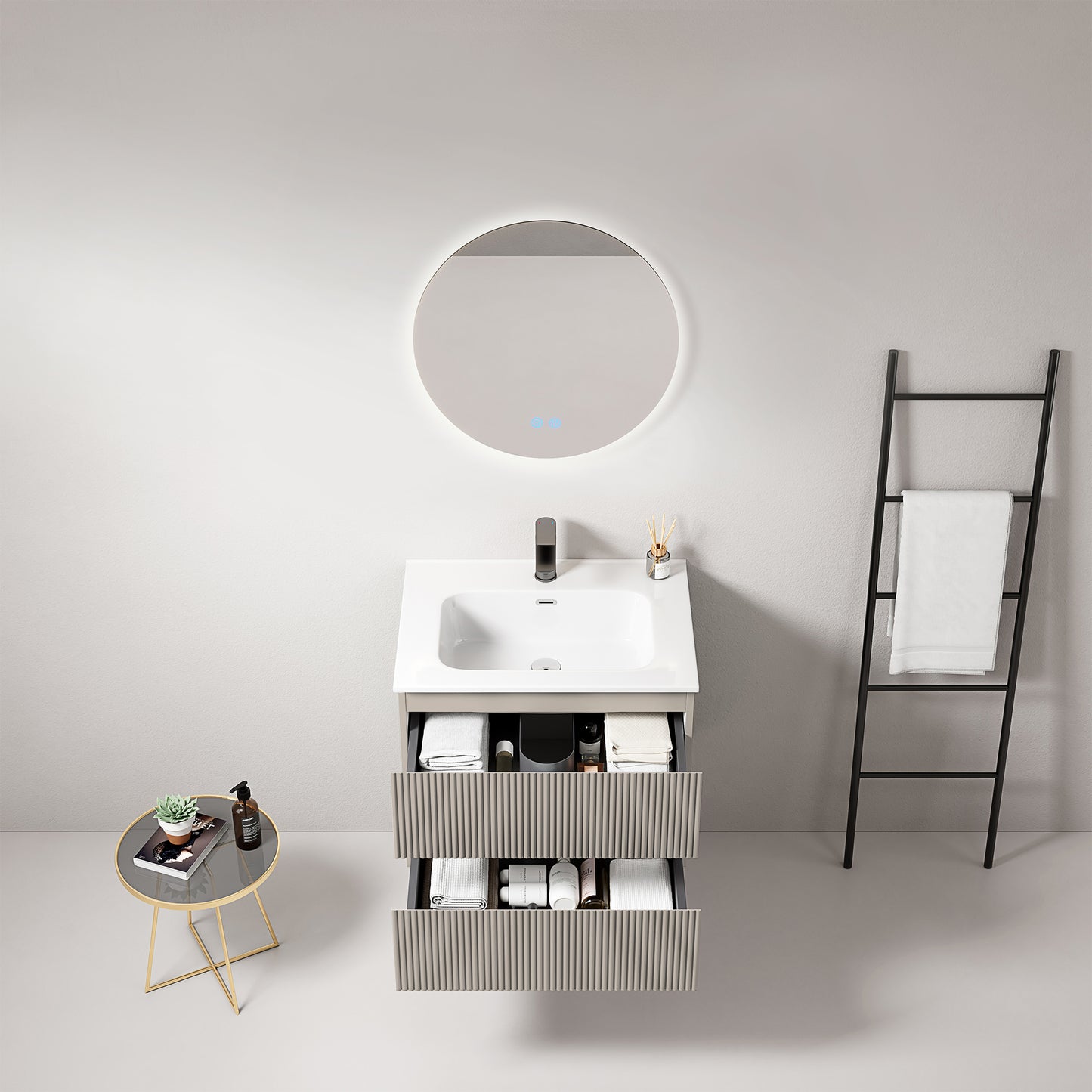 Mobile bagno sospeso cannettato 60 cm Grigio Cenere Lavabo in Ceramica Specchio Tondo Retroilluminato - Fiji Paint