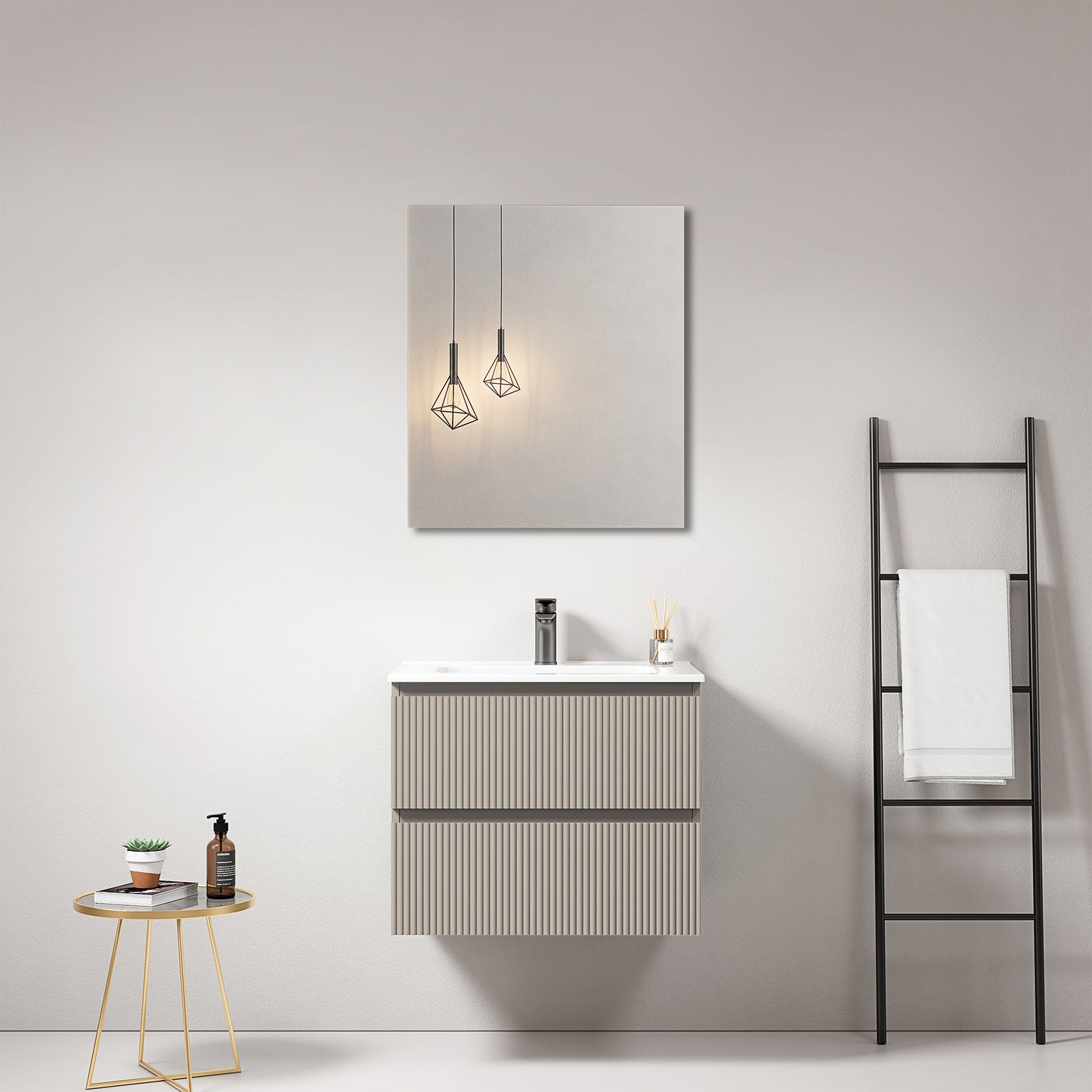 Mobile bagno sospeso cannettato 60 cm Grigio Cenere Lavabo in Ceramica Specchio Quadro - Fiji Paint