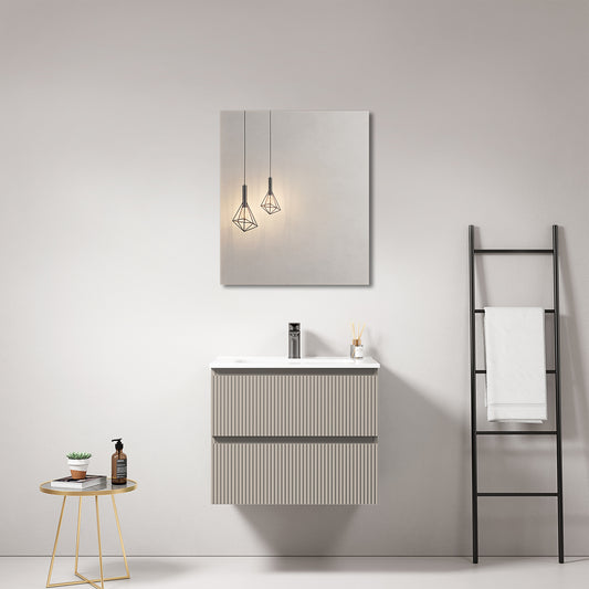 Mobile bagno sospeso cannettato 60 cm Grigio Cenere Lavabo in Ceramica Specchio Quadro - Fiji Paint