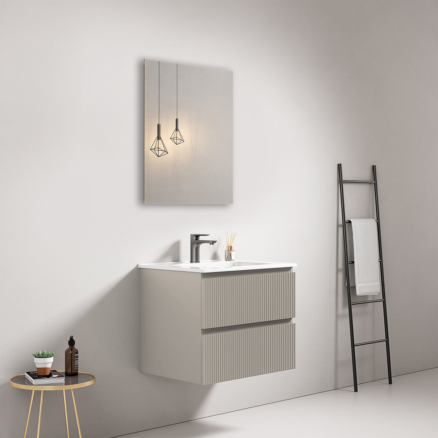 Mobile bagno sospeso cannettato 60 cm Grigio Cenere Lavabo in Ceramica Specchio Quadro - Fiji Paint