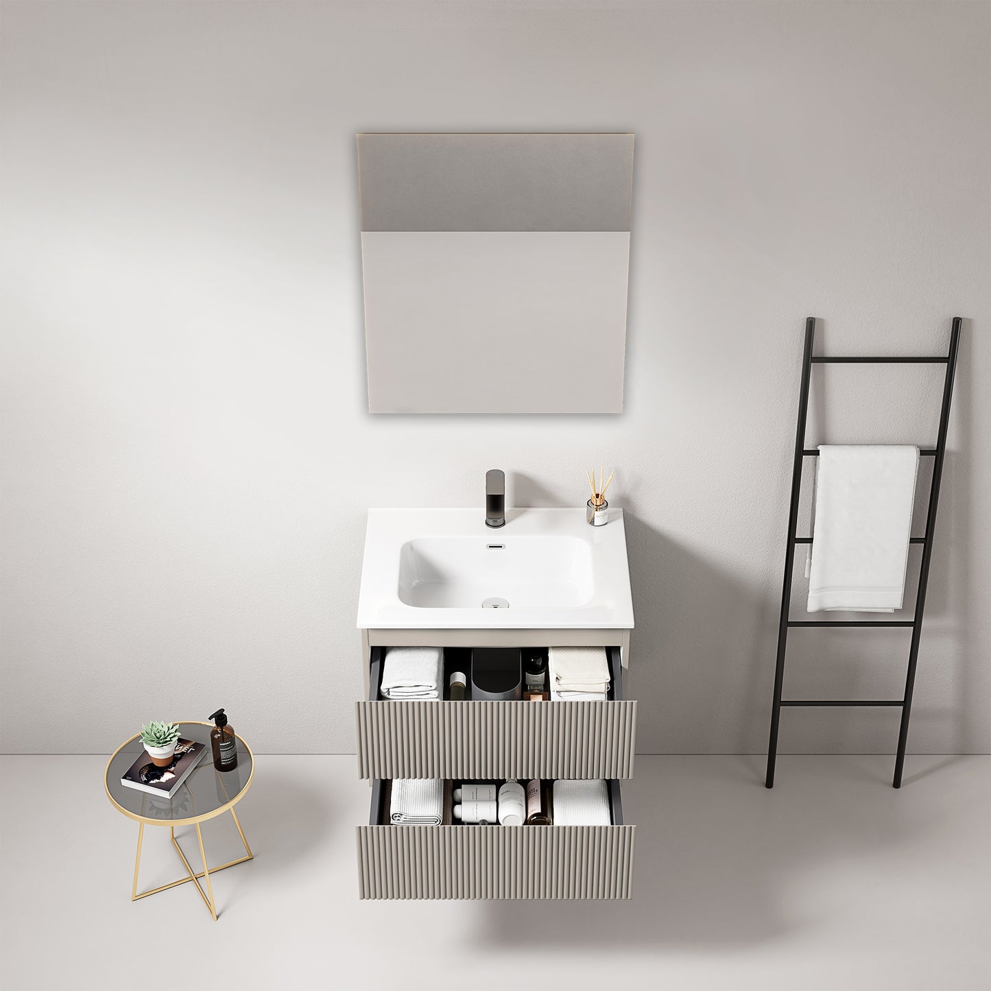 Mobile bagno sospeso cannettato 60 cm Grigio Cenere Lavabo in Ceramica Specchio Quadro - Fiji Paint
