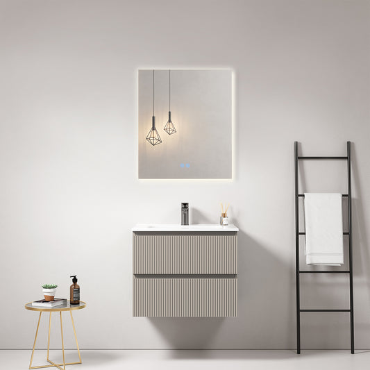 Mobile bagno sospeso cannettato 60 cm Grigio Cenere Lavabo in Ceramica Specchio Quadro Retroilluminato - Fiji Paint