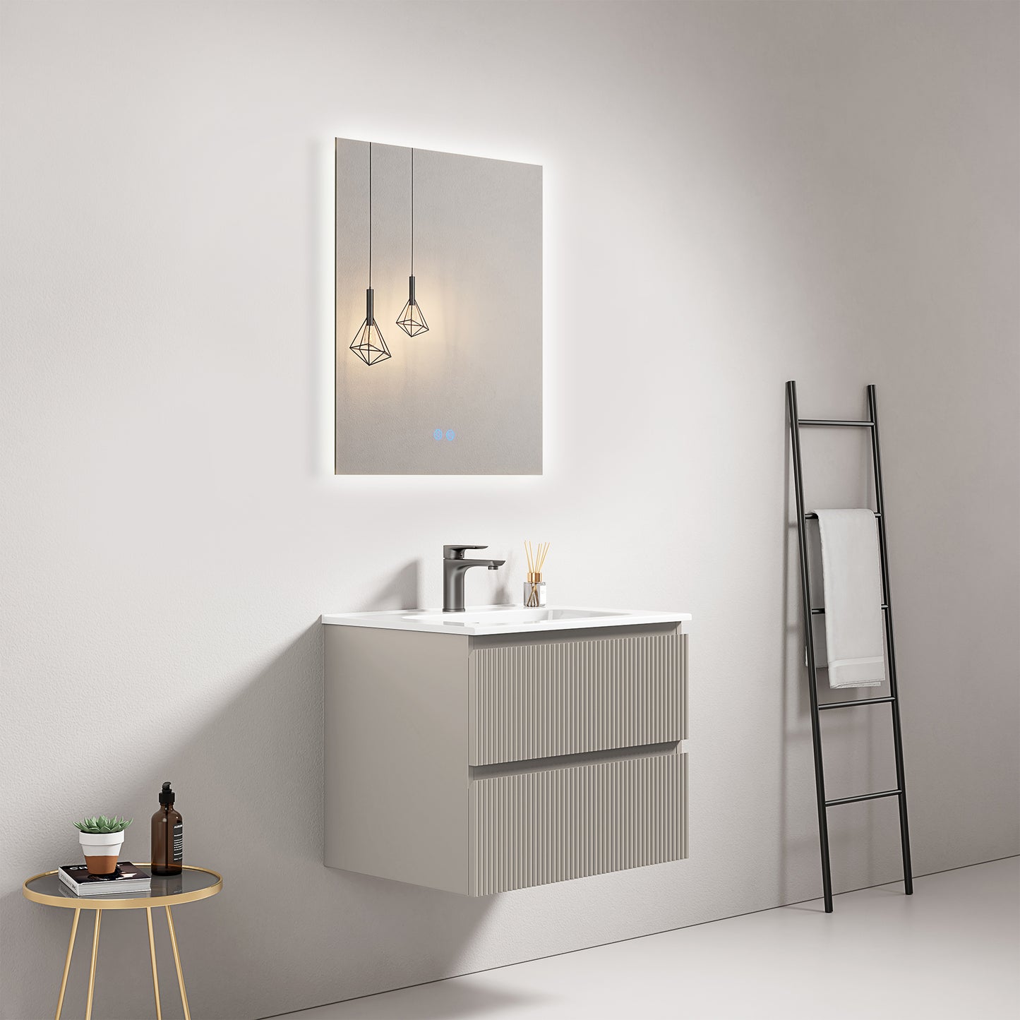 Mobile bagno sospeso cannettato 60 cm Grigio Cenere Lavabo in Ceramica Specchio Quadro Retroilluminato - Fiji Paint