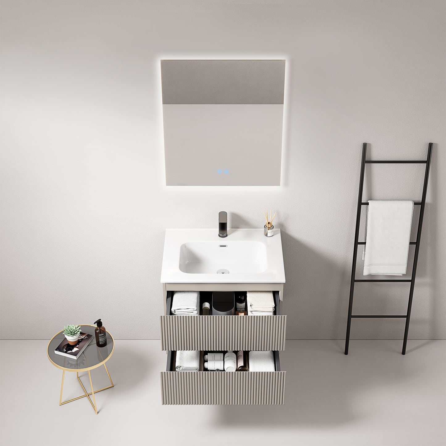 Mobile bagno sospeso cannettato 60 cm Grigio Cenere Lavabo in Ceramica Specchio Quadro Retroilluminato - Fiji Paint