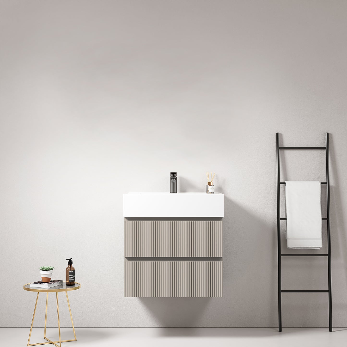 Mobile bagno sospeso cannettato 60 cm Grigio Cenere Lavabo in Resina Senza Specchio - Fiji Paint