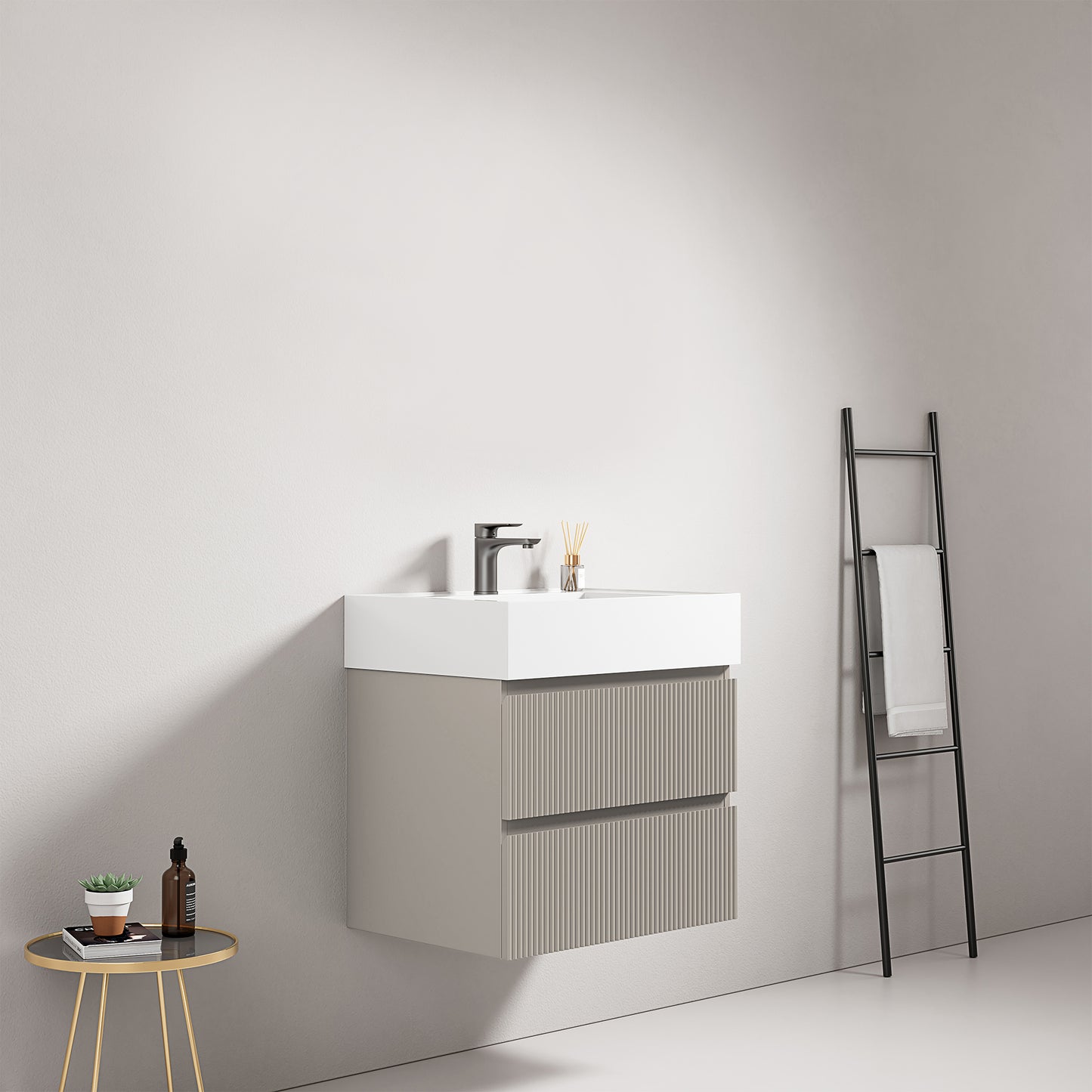 Mobile bagno sospeso cannettato 60 cm Grigio Cenere Lavabo in Resina Senza Specchio - Fiji Paint