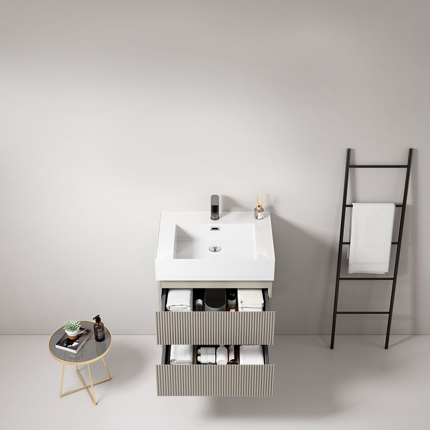 Mobile bagno sospeso cannettato 60 cm Grigio Cenere Lavabo in Resina Senza Specchio - Fiji Paint