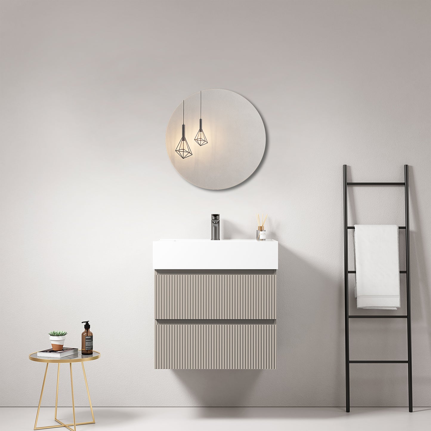 Mobile bagno sospeso cannettato 60 cm Grigio Cenere Lavabo in Resina Specchio Tondo - Fiji Paint