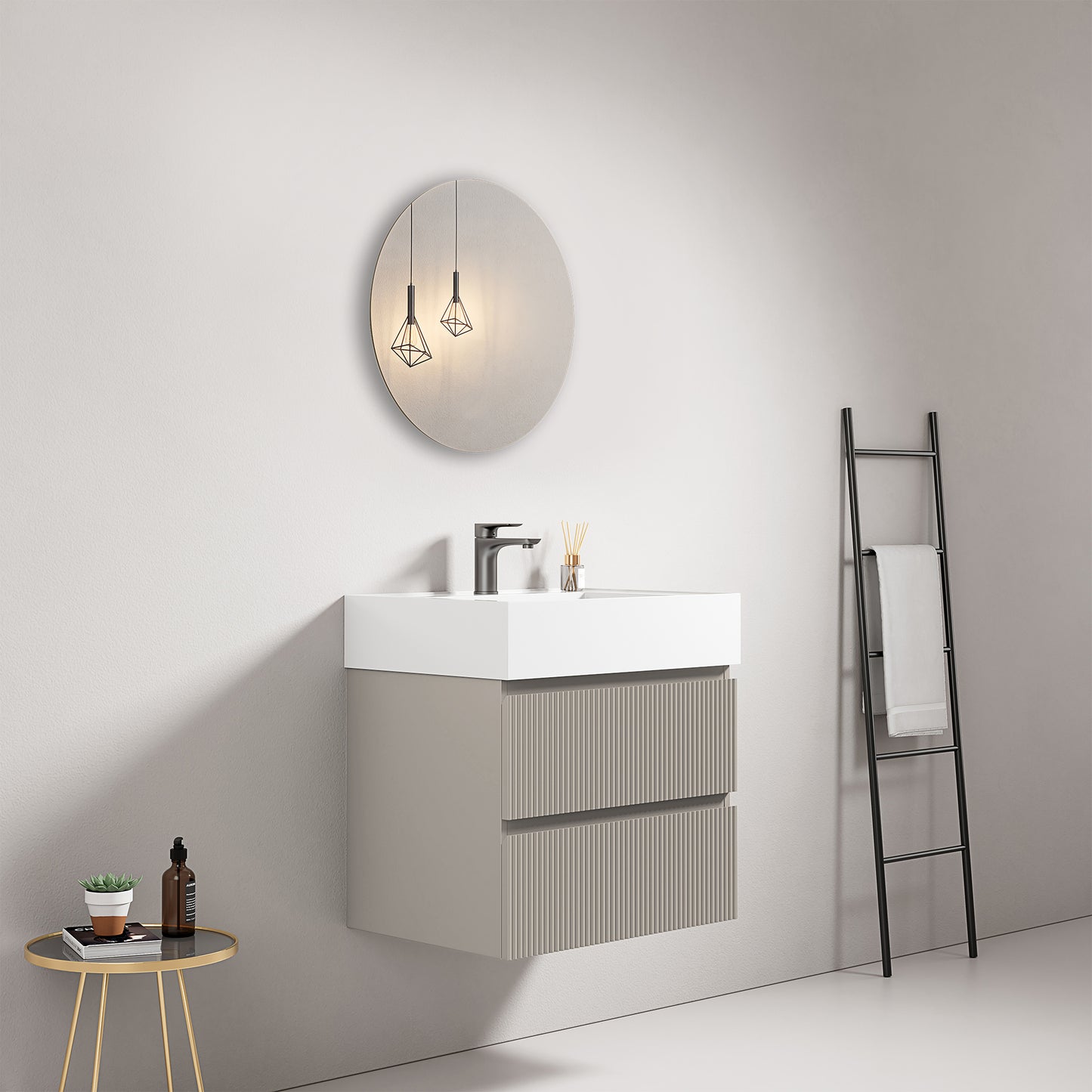 Mobile bagno sospeso cannettato 60 cm Grigio Cenere Lavabo in Resina Specchio Tondo - Fiji Paint